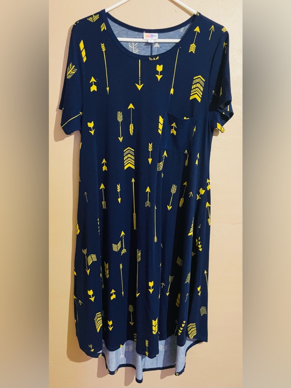 LuLaRoe Navy Dress with Yellow Arrow Print